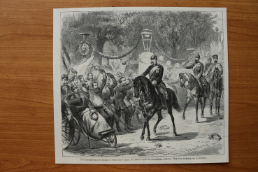 Holzstich Berlin 1871 Triumpfzug 16 Juni Kaiser begrüßt Soldaten